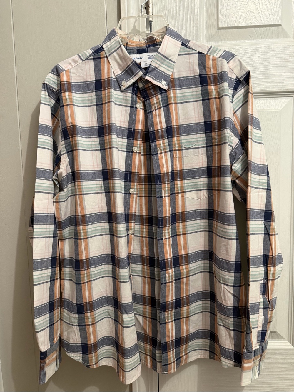 Old Navy Plaid Button-Down Shirt in Navy, Brown & Cream